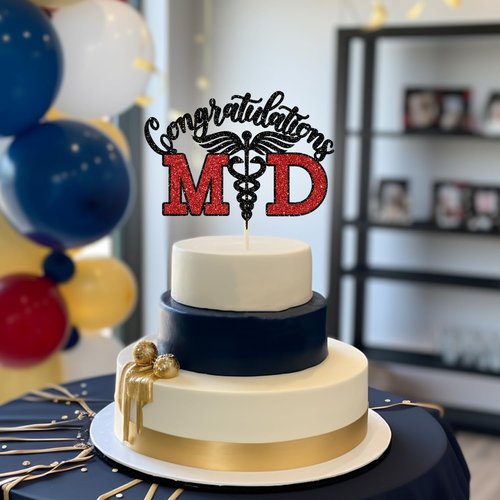 Congratulations MD Cake Topper - Black & Red Glitter Graduation Decoration for Medical School Grads