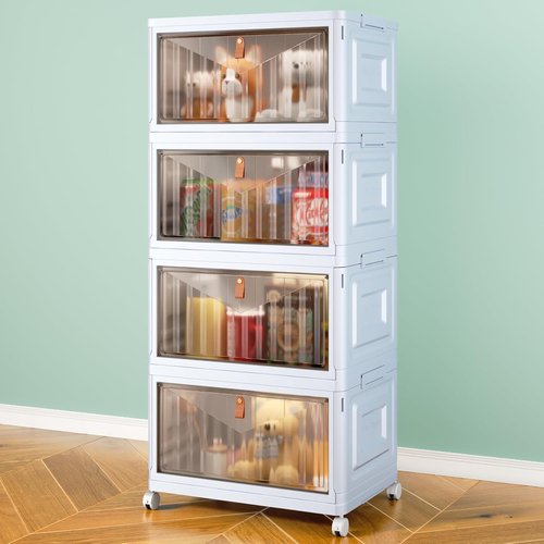 4 Tier Stackable Storage Bins by [Brand Name] - 23 QT Plastic Organizers with Lid & Wheels | Grey Foldable Containers for Home & Craft
