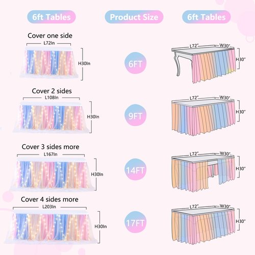 9FT Rainbow Tulle Table Skirt for Rectangle or Round Tables Ruffle Tulle Tutu Cloth Desk Table Skirt with LED Lights for Birthday Party Baby Shower Gender Reveal Cake Dessert Decorations