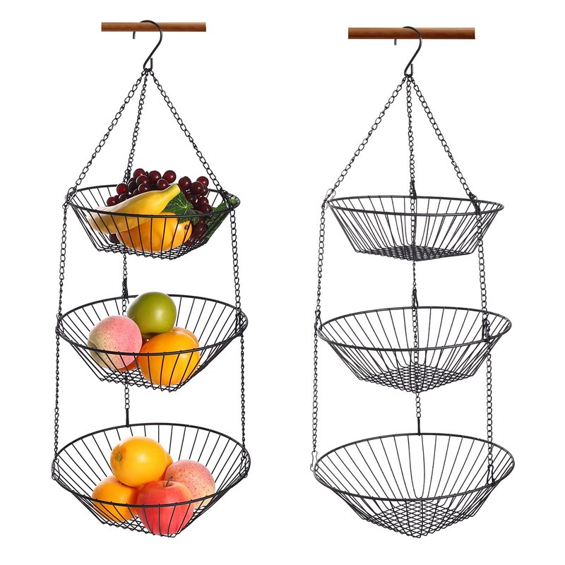 JUNCHU CHERRY 3-Tier Wire Fruit Hanging Basket 2 Packs,non-Punching Wall Hanging Storage,Kitchen Bathroom Organization Basket,Suitable for Bathroom,Kitchen,Closet,Garden,Black