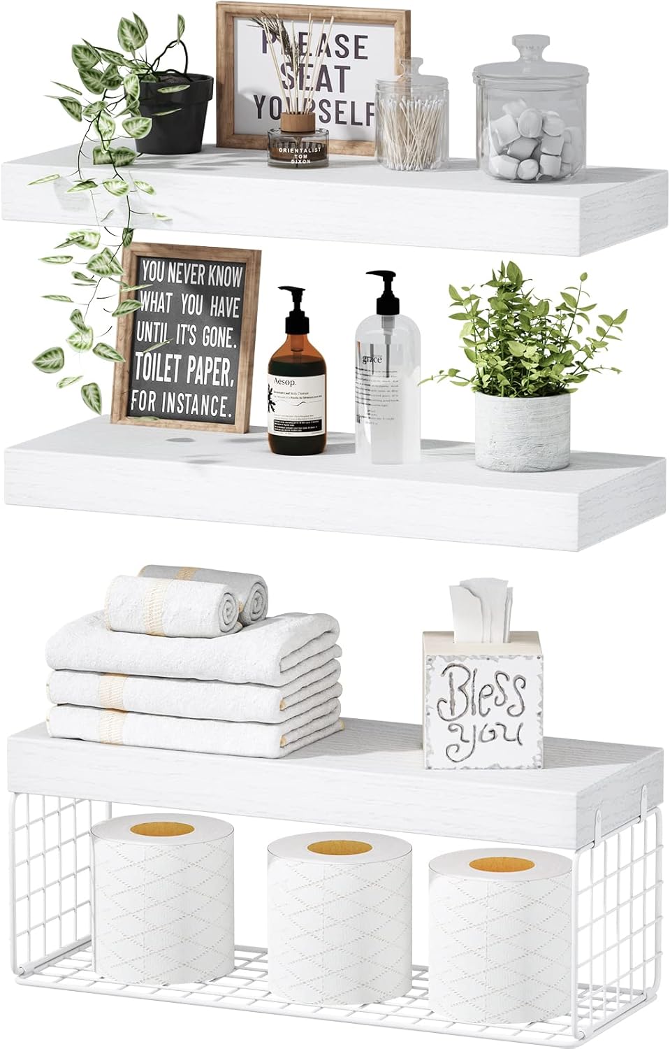 QEEIG Bathroom Shelves - Over Toilet Wall-Mounted Floating Storage | Set of 3 White 16-Inch Farmhouse Decor