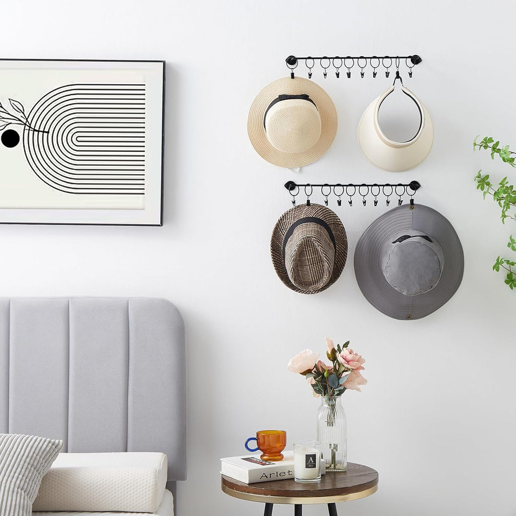 Viklluyr Hat Rack - Modern Wall-Mounted Metal Organizer with 20 Hooks | Set of 2 for Caps Storage