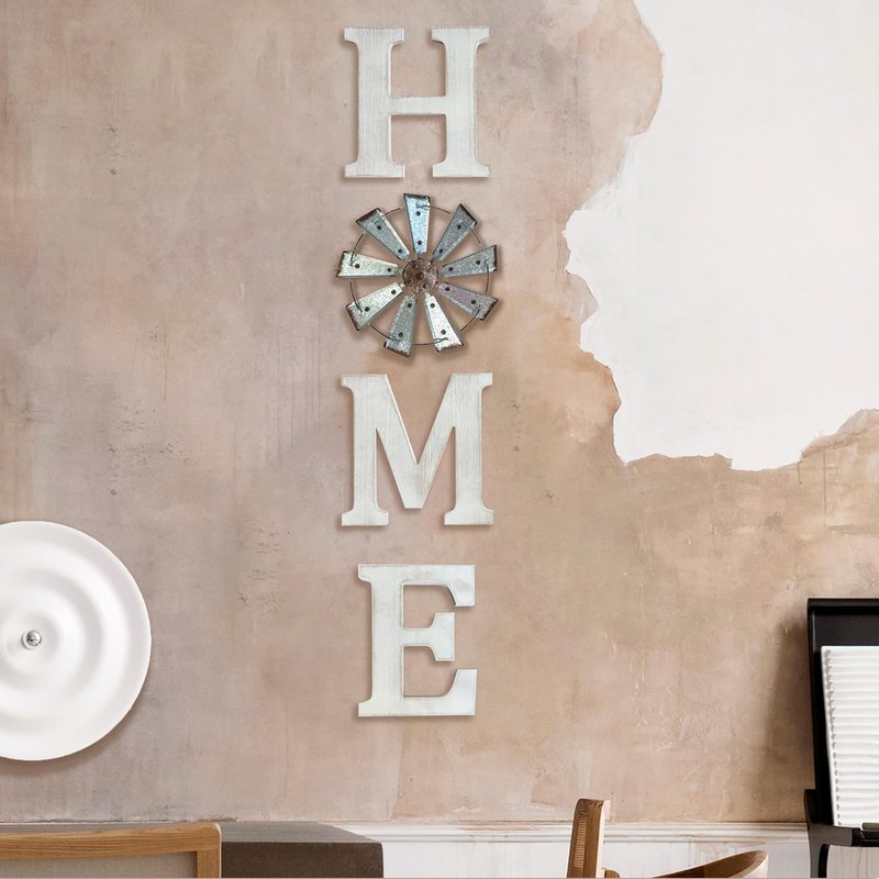 BTD Rustic Home Sign – Large White Wood Letters with Metal Windmill Decor