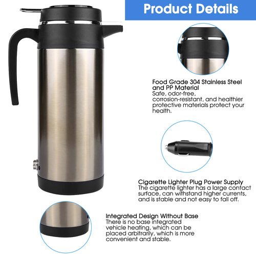 Acouto 12V Car Electric Kettle 1000ML Stainless Steel Car Electric In-car Kettle Travel Thermoses Heating Water Bottle Heating Cup