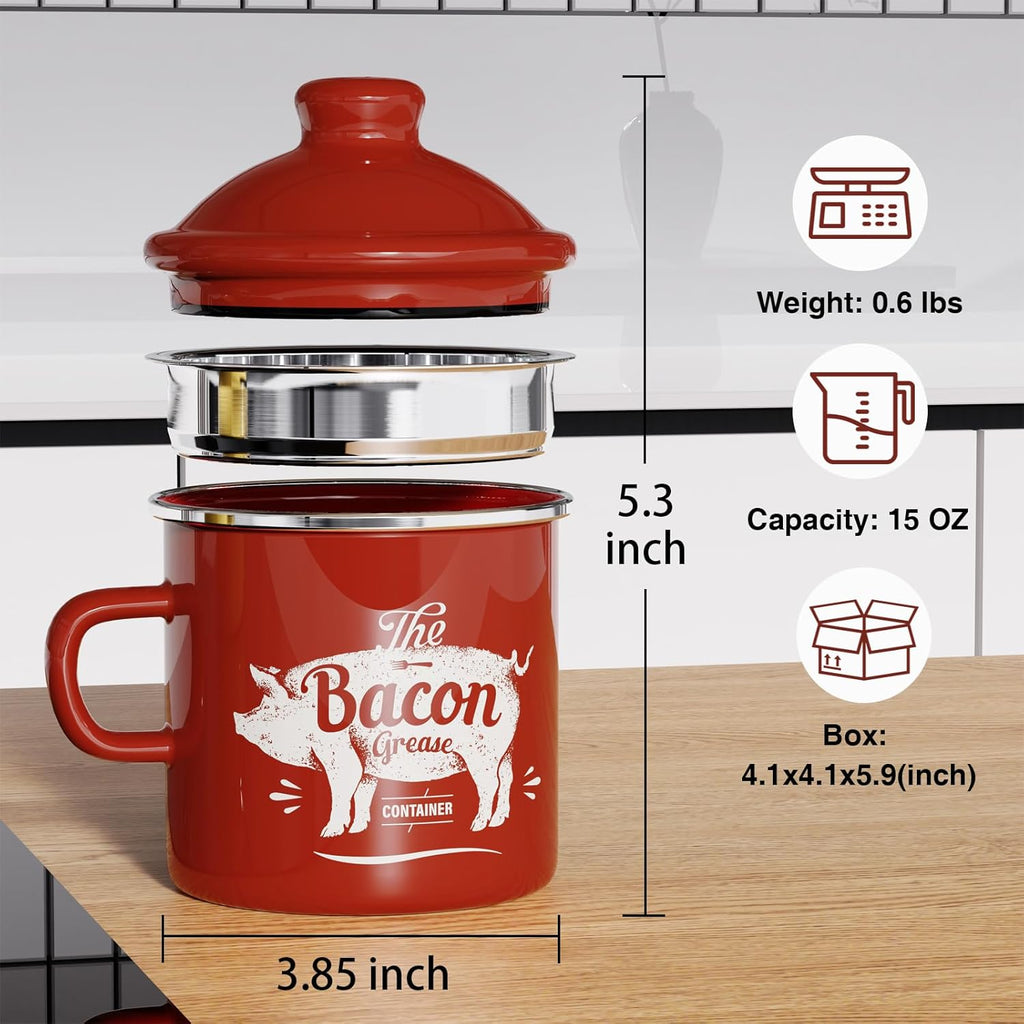 Skiennix Black Meat Chopper - 15oz Mini Red Bacon Grease Container for Easy Cooking Cleanup