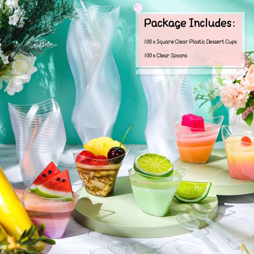 Honeydak 100 Pcs Plastic Dessert Cups without Lids 4.5 oz with Spoons Mini Clear Disposable Trifle Mousse Dessert Cups Triangular Parfait Appetizers Tumbler Pudding Fruit Serve for Party