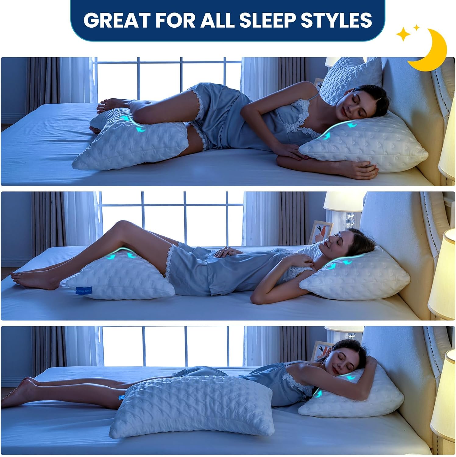 Skiennix Side Sleeper Pillow - Ergonomic Curved Design, Adjustable Memory Foam, Cooling Cover, Queen Size