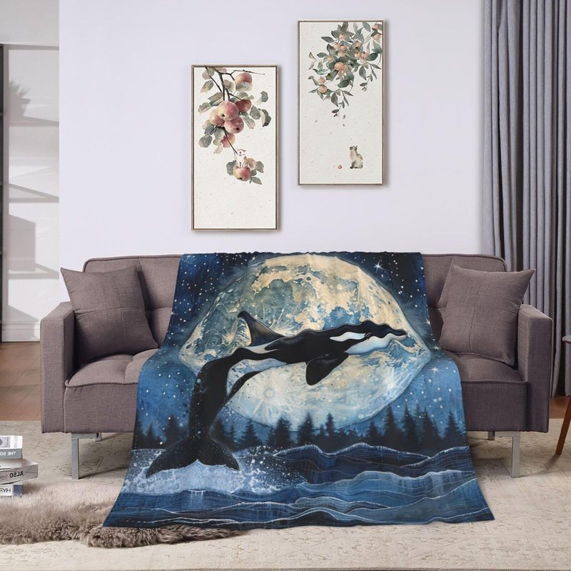 Orca Whale Blanket Killer Whale Moon Decor Throw Blankets Ultra Soft Cozy Fuzzy Plush Fleece Flannel Ocean Life Blanket Gifts for Whale Lover Girls Women Boys Men Kids for Bedding Sofa 40"X50"