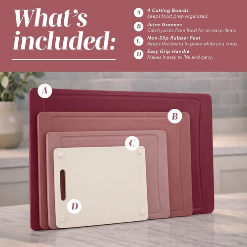 COOK WITH COLOR Non-Slip Cutting Board Set - Easy Grip Handle for Meat, Veggies & Fruits | 4 Boards in Rose