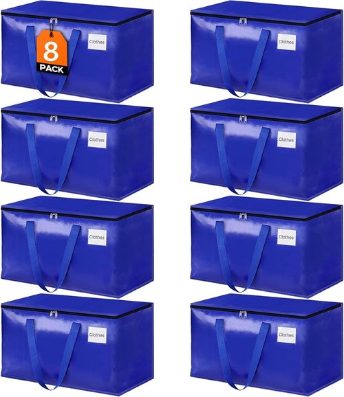 HomeHacks Heavy-Duty Moving Bags - 8-Pack Collapsible Storage Totes with Strong Zippers & Handles | 93L (Blue)