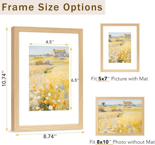 JCJMY 8x10 Solid Wood Picture Frame - Display 5x7 with Mat or 8x10 Without Mat, Natural Finish