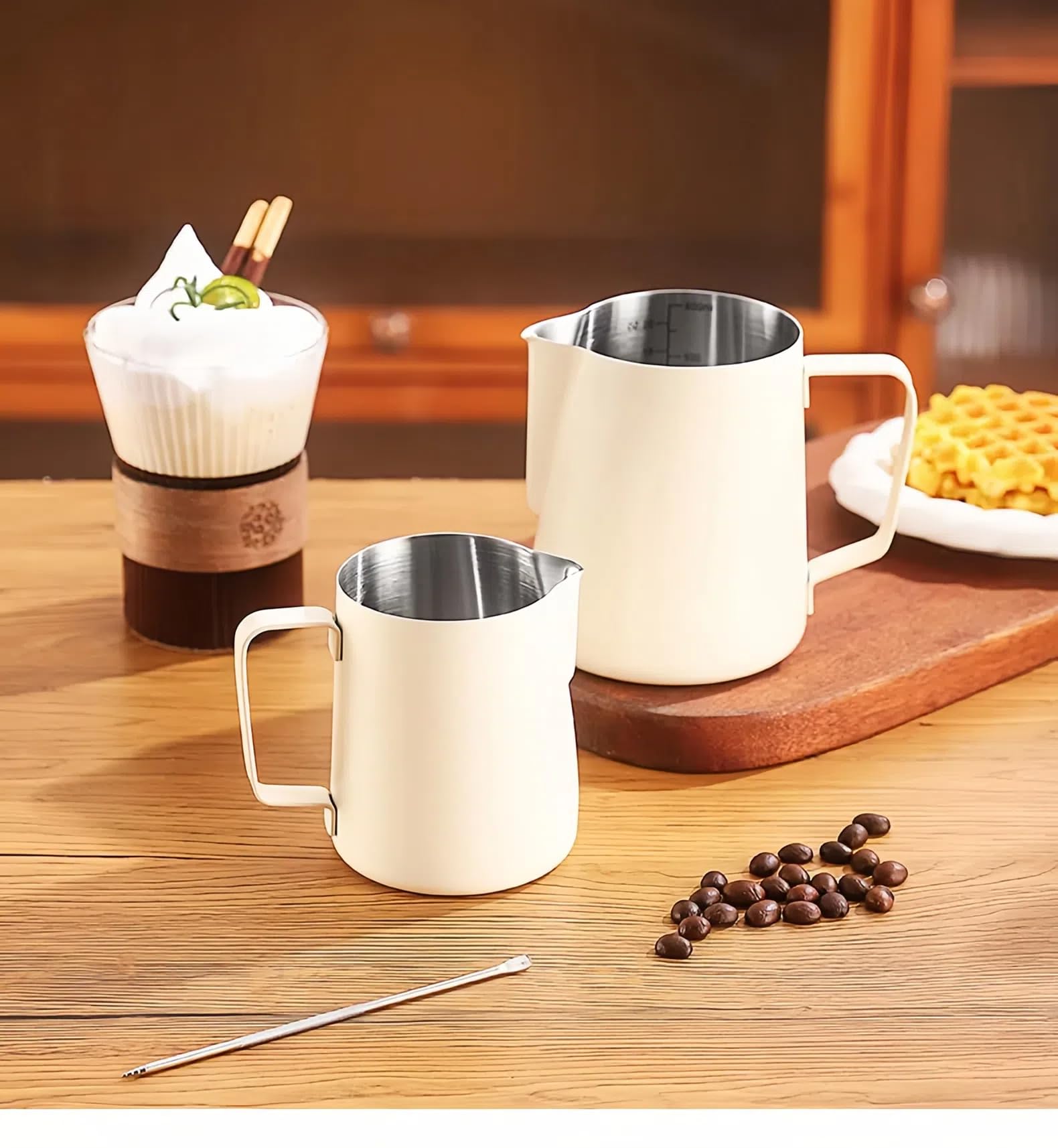 Milk Frothing Pitcher,(350ml/12oz) Steaming Pitchers,Stainless Steel Milk Cup,Cappuccino Latte Art Coffee,Barista Steam Pitchers,Temperament White
