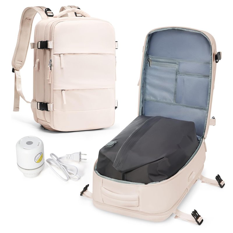 SEAFEW Large Travel Backpack with Vacuum Seal Compression, Vacuum Travel Flight Backpack with Electric Pump, Waterproof Work Backpack Compression bags Casual Daypack with USB Charging Port, Beige