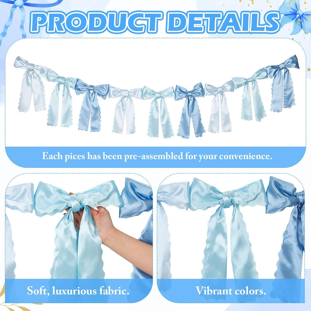 VitalCozy Blue Bow Garland - Pre-Strung Satin Ribbon Decor for Bridal Showers & Parties