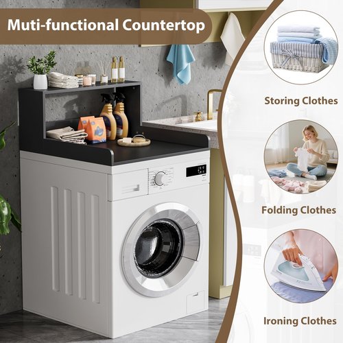 HOTLUU Washer Dryer Countertop with Shelf, 27.5" D x 27.5" W x 12.6" H, Sturdy Wood Frame, Countertop for Washer and Dryer, Non-Slip Pads & Edge Rails, Laundry Room Storage(Black)