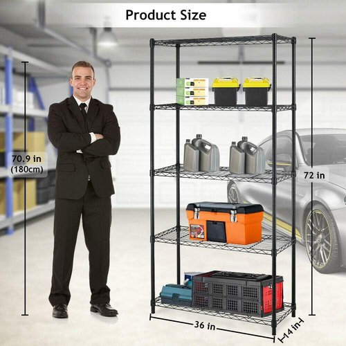 BestOffice 5-Tier Wire Storage Shelves - Heavy-Duty Metal | Adjustable Racks | 36x14x72 | Black | Holds Up to 1000 lbs | Easy No-Tool Assembly for Home & Garage