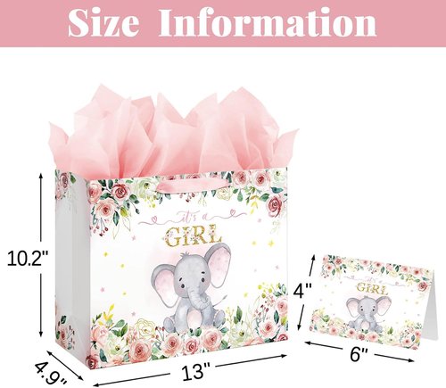 Laidans 13" Large Pink Floral Elephant Baby Shower Gift Bag - Includes Tissue Paper & Card