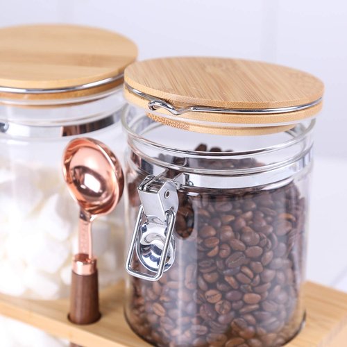 KKC Glass Protein Powder Container, 40oz Airtight Collagen Storage Jars with Bamboo Lids & 1 TBSP Measuring Spoons - Wide Mouth Aesthetic Countertop Dispenser Organizer for Kitchen, Smoothie Bar