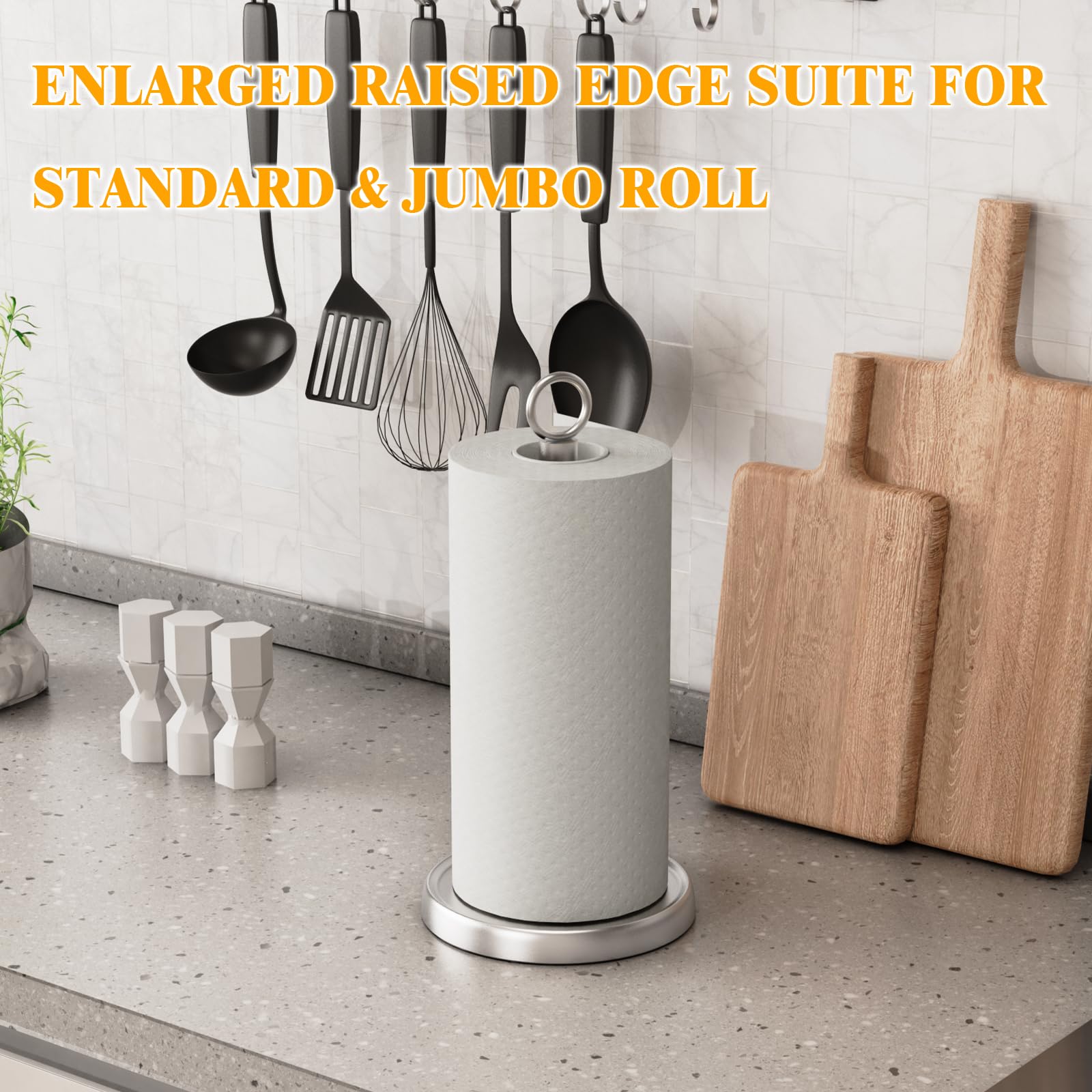 HZE Paper Towel Holder Countertop, One-Handed Tear, Stainless Steel, Weighted Base, Silver, Ring Paper Towel Holder Stand with Ratchet System for Kitchen Farmhouse Essentials Decor Accessories