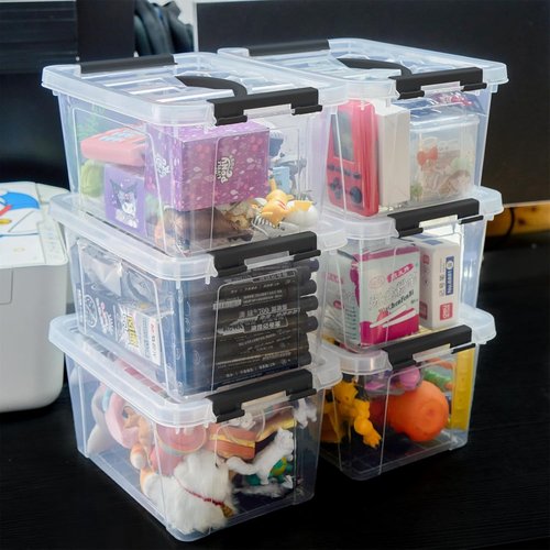 Eslite 6 Quart Stackable Storage Bins - Clear Latching Boxes with Handle & Lid | Pack of 6 (Black Handle)