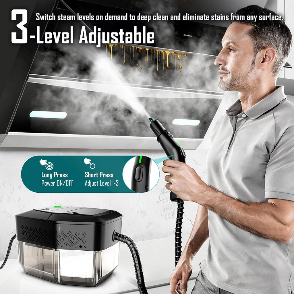 Skiennix Handheld Steam Cleaner - 3-Level Adjustable Handle, 15s Heat-Up, 1.8L Tank, 12 Accessories