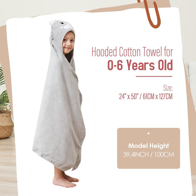 Style Quarters 100% Cotton Kids Hooded Bath Towel with Embroidery - Large 50"x24" Soft Terry Toddler Beach Towel, Cartoon Cat Hooded Towel for Boys & Girls (Grey Cat)