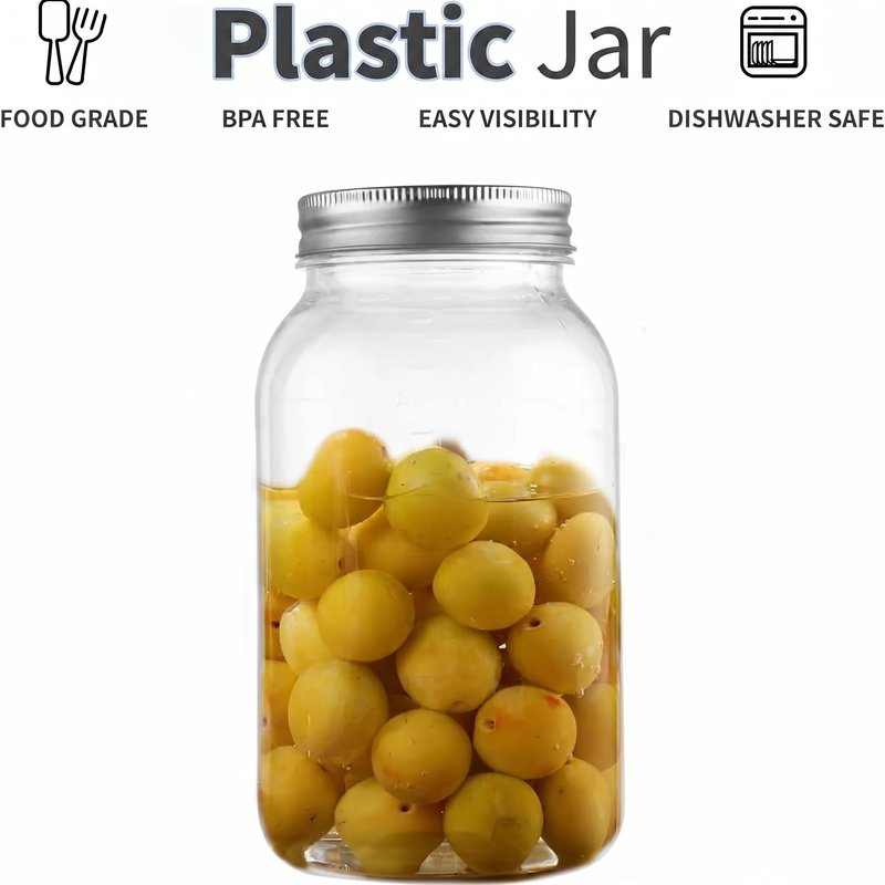 novelinks 32 oz Plastic Mason Storage Jars with Lids, 6 Pack BPA-Free Clear Plastic Jars with Lids 32oz, Leak-Proof Plastic Quart Containers for Kitchen and Home Use (Silver)
