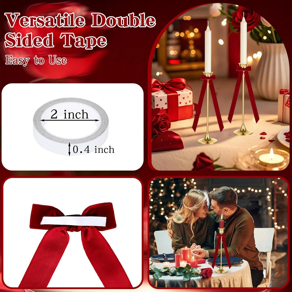 Regine Switzerland 12Pcs Red Christmas Candlestick Bows - 13 Inch Velvet Ribbon for Table Decor & Gift Wrapping
