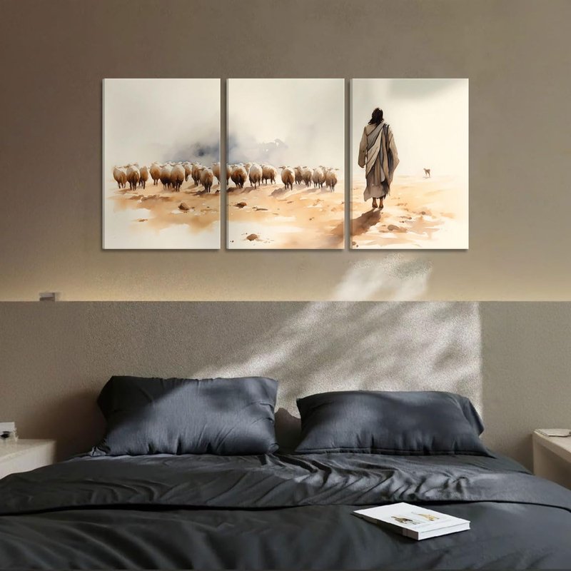 3Pcs Jesus And Lamb Canvas Wall Art Jesus Left 99 Lost Lambs Wall Decor Pictures Christian Spiritual Healing Posters Prints Paintings for Living Room Bedroom Church Prayer Room Artwork Home Decoration