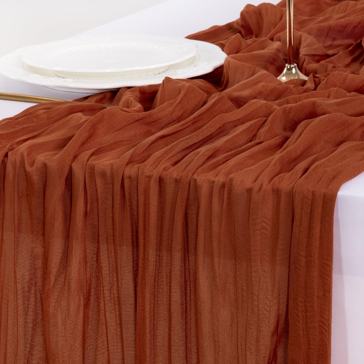 Socomi Terracotta Cheesecloth Table Runner - 120 Inch Boho Rustic Decor for Weddings & Parties
