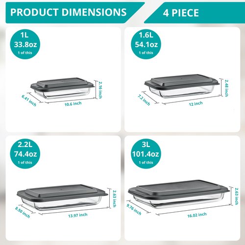 Sorbus 8-Piece Glass Baking Dish Set with Lids – BPA-Free, Airtight, and Safe for Dishwasher, Oven, and Freezer – Includes 4 Sizes for Meal Prep, Portion Control, Lasagna, and Healthy Eating