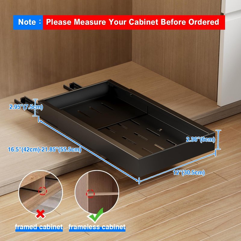 Mustorn 2 Pack Pull Out Cabinet Organizer,21.8" Deep Slide Out Drawer for Cabinets Adhesive Pull Out Drawers Heavy Duty Pull Out Shelves for Kitchen,Cupboard,Pantry,Bathroom-Black