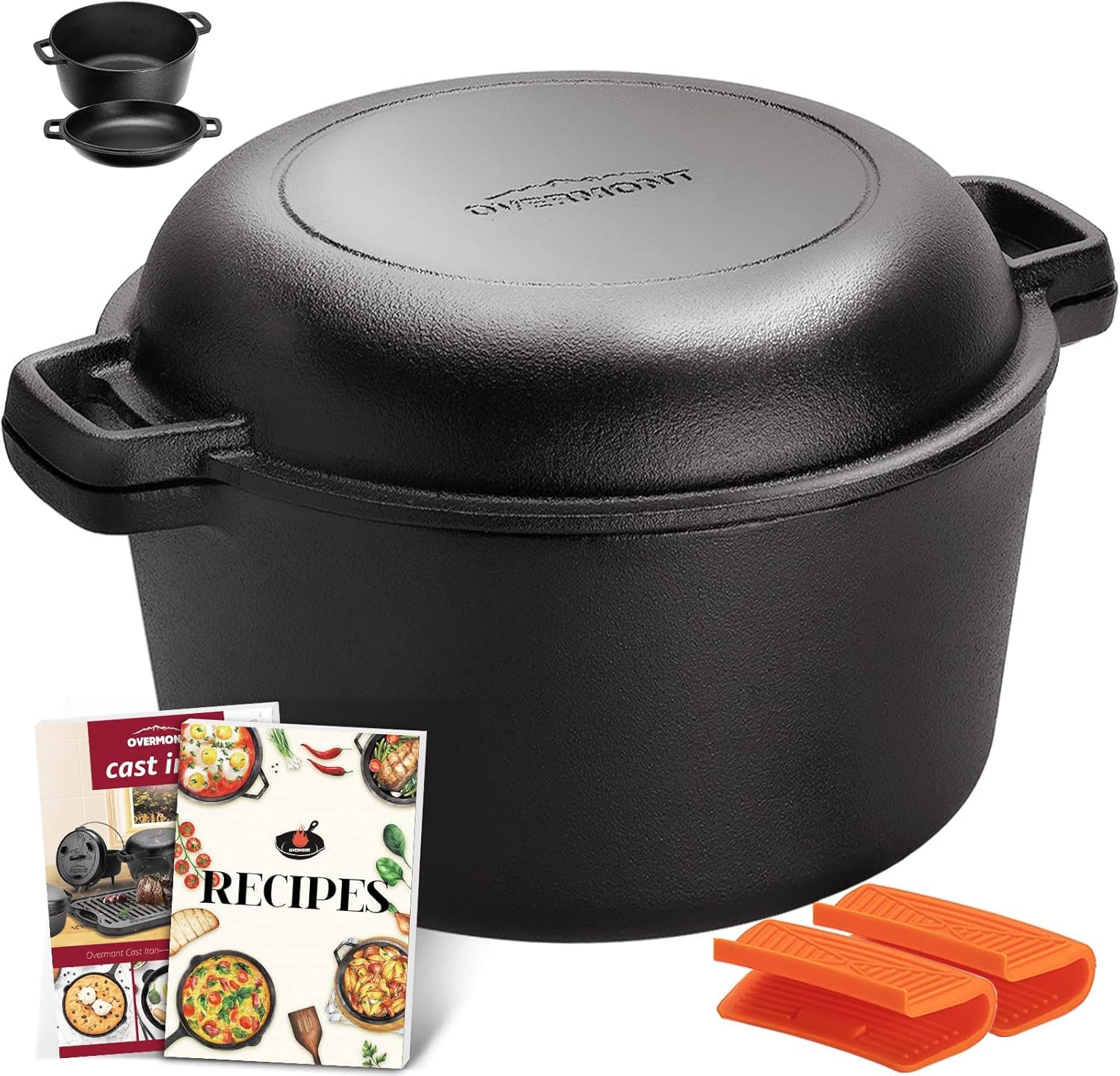 Overmont 5QT Cast Iron Dutch Oven - Pre-Seasoned All-in-One Casserole & Skillet Lid with Silicone Handle Covers