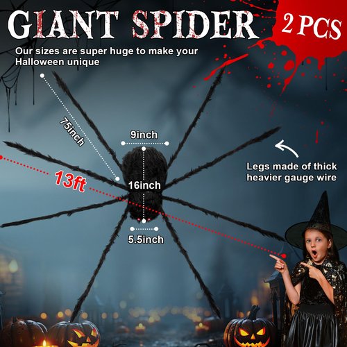 Wettarn 2 Pack 13 ft Giant Spider 2026 Upgrade Scary Halloween Large Fake Realistic Big Spider Decorative Hairy Props for Halloween Outdoor Indoor Yard Party House (Black)