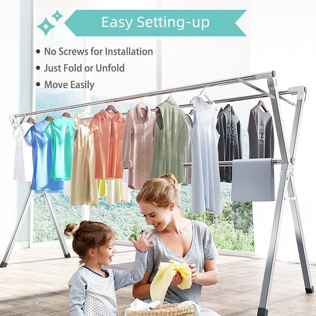 YACASA Clothes Drying Rack, 79 inch Heavy Duty Stainless Steel Laundry Drying Rack, Foldable &Length Adjustable Space Saving Garment Rack, with 20 Windproof Hooks.
