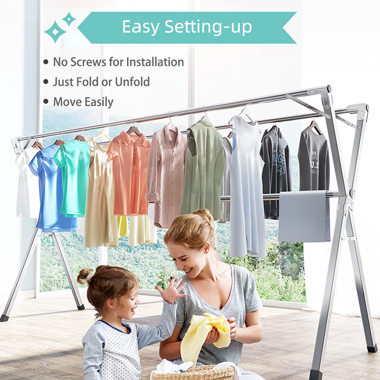 YACASA Clothes Drying Rack, 79 inch Heavy Duty Stainless Steel Laundry Drying Rack, Foldable &Length Adjustable Space Saving Garment Rack, with 20 Windproof Hooks.