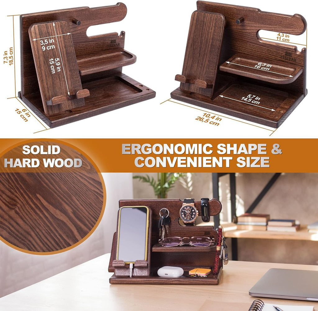 TESLYAR Wood Phone Docking Station - Stylish Desk Organizer for Men | Key Holder & Essentials (Bourbon Brown)