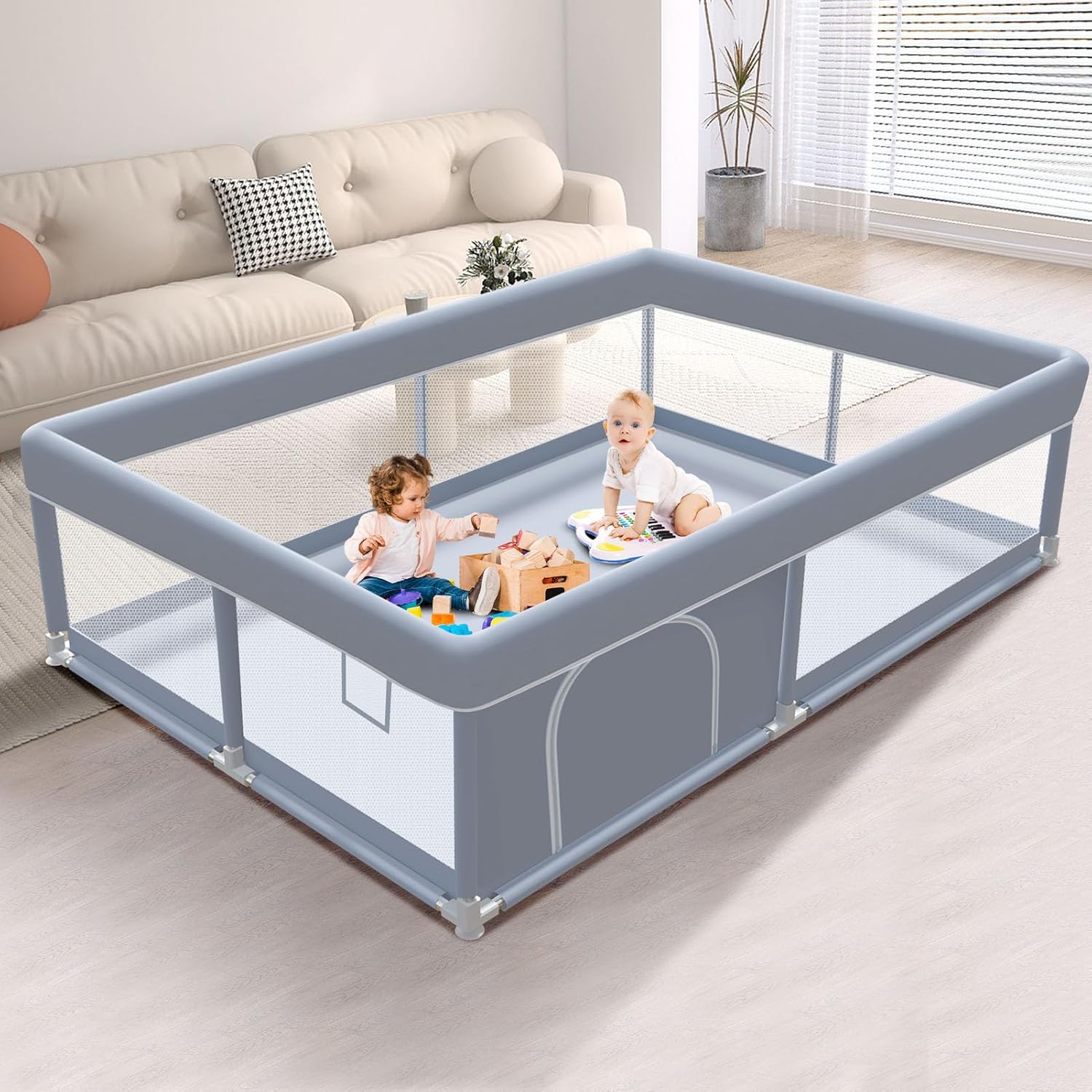 XVISHX Baby Playpen - 65 x 50 Inch Indoor & Outdoor Playard with Soft Mesh - Grey