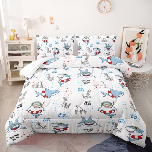 Cute Cartoon Shark Comforter Set, Deep Sea Diving Club Sharks Bedding Bedspread for Kids and Adults, Lovely Marine Life Pattern Quilt Bedroom Decor with 2 Pillow Cases (Queen, 01)