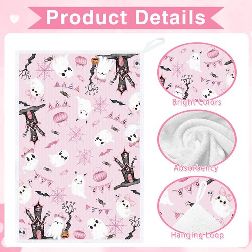 InIsaJace Pink Halloween Kitchen Dish Towels, 4PCS Pumpkin Cute Ghost Boo Hand Tea Towels Set, Spooky Halloween Kitchen Bathroom Holiday Decor Supplies