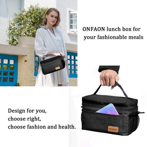 ONFAON Lunch Bag for Men/Women, Insulated Reusable Lunch Box Leakproof Cooler Tote Bag Freezable with Adjustable Shoulder Strap for Office Work Picnic Beach(Black)