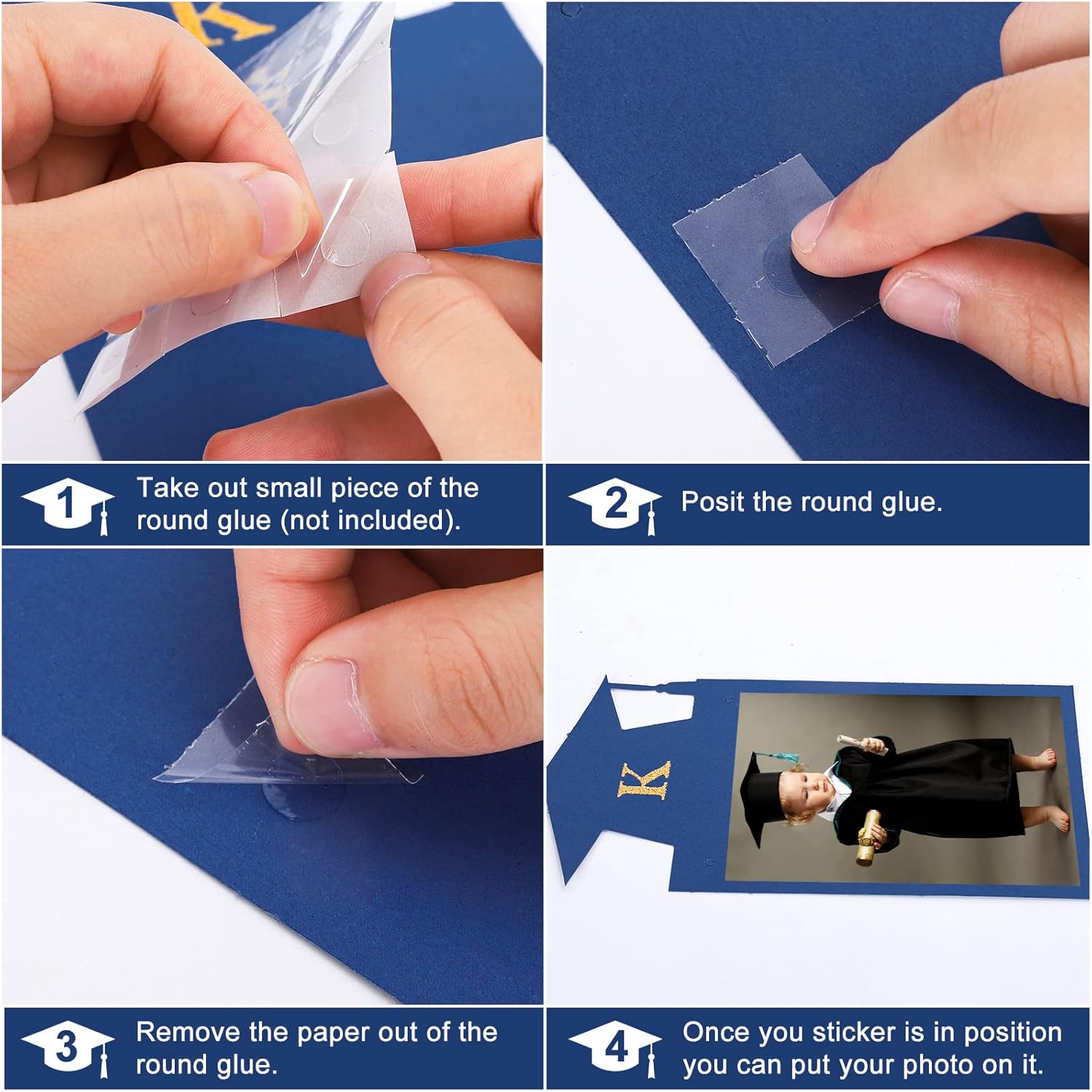 Whaline Graduation Photo Banner - No DIY Required Hanging Bunting | Blue Gold Glitter, 5 x 7 Inch