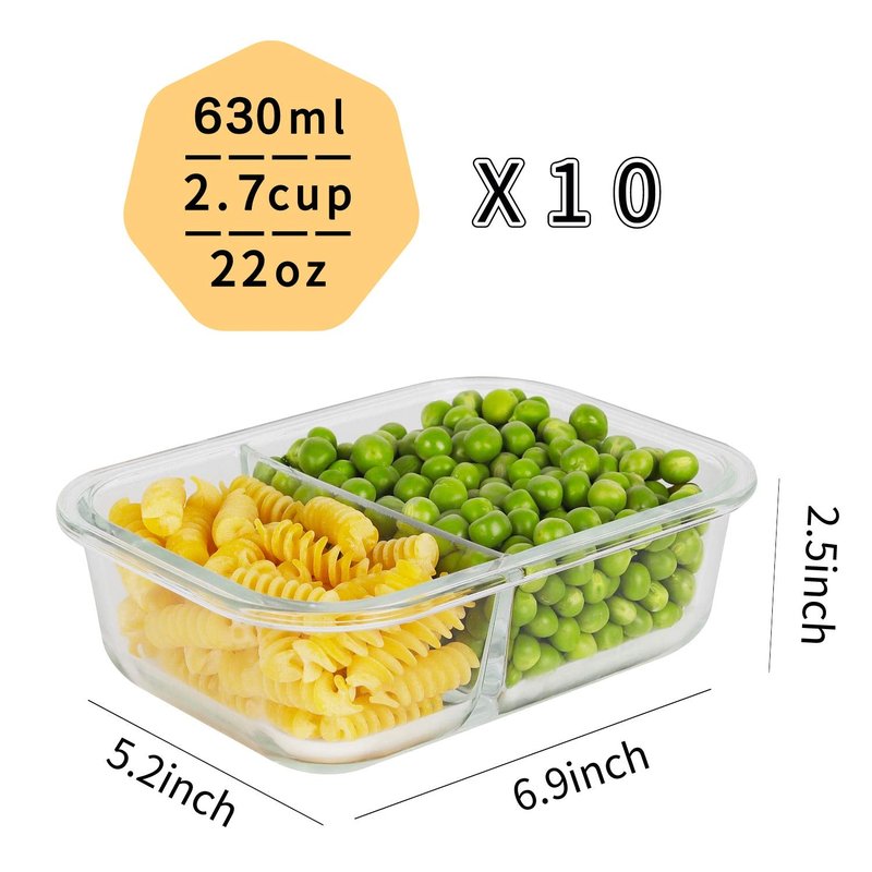Bayco 10 Pack Glass Meal Prep Containers 2 Compartment, Glass Food Storage Containers with Lids, Airtight Lunch Bento Boxes, Leak Proof (10 lids & 10 Containers)