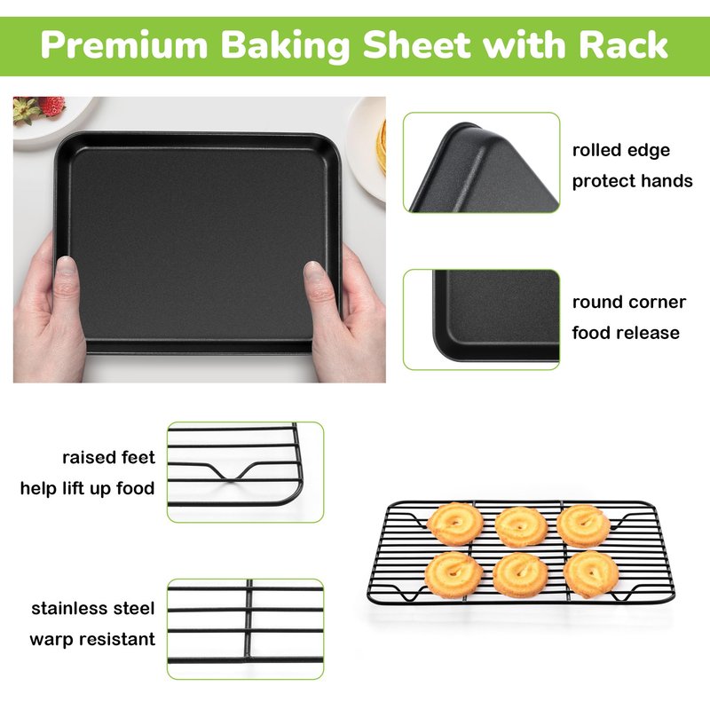 E-far Toaster Oven Pan with Rack Set, 10.5 x 8 x 1 Inch Nonstick Small Cookie Baking Sheet with Cooling Rack, Non-Toxic & Easy to Clean