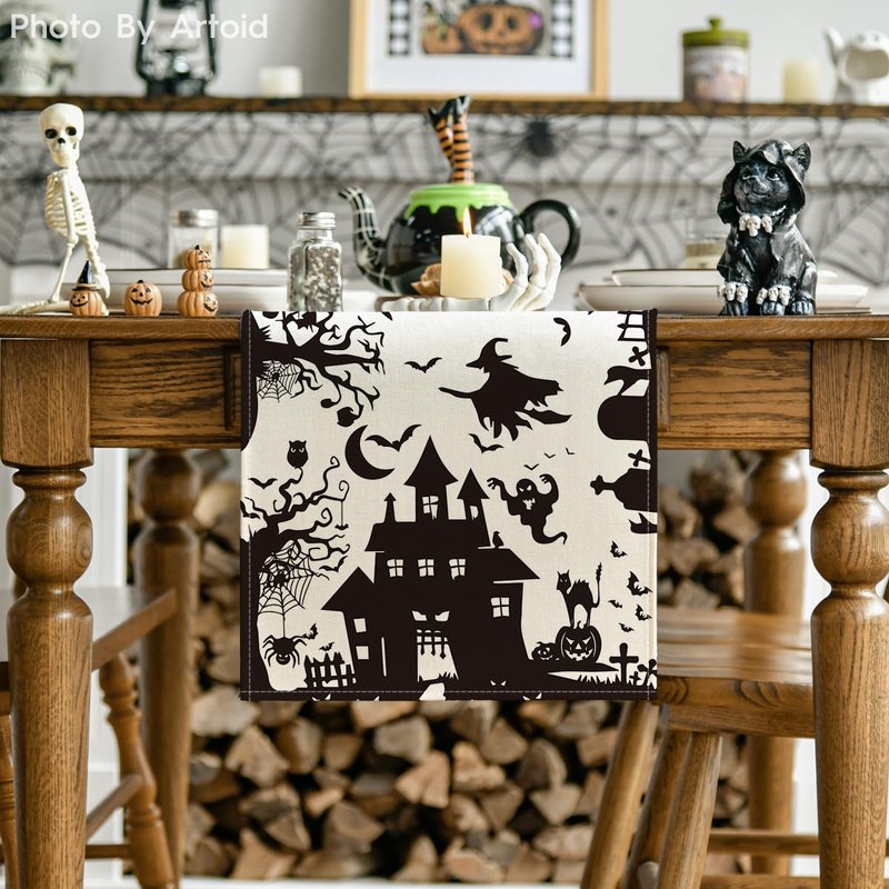 Artoid Mode Black White Spooky Haunted House Tree Ghost Witch Halloween Table Runner, Kitchen Dining Table Decoration for Home Party Decor 13x120 Inch