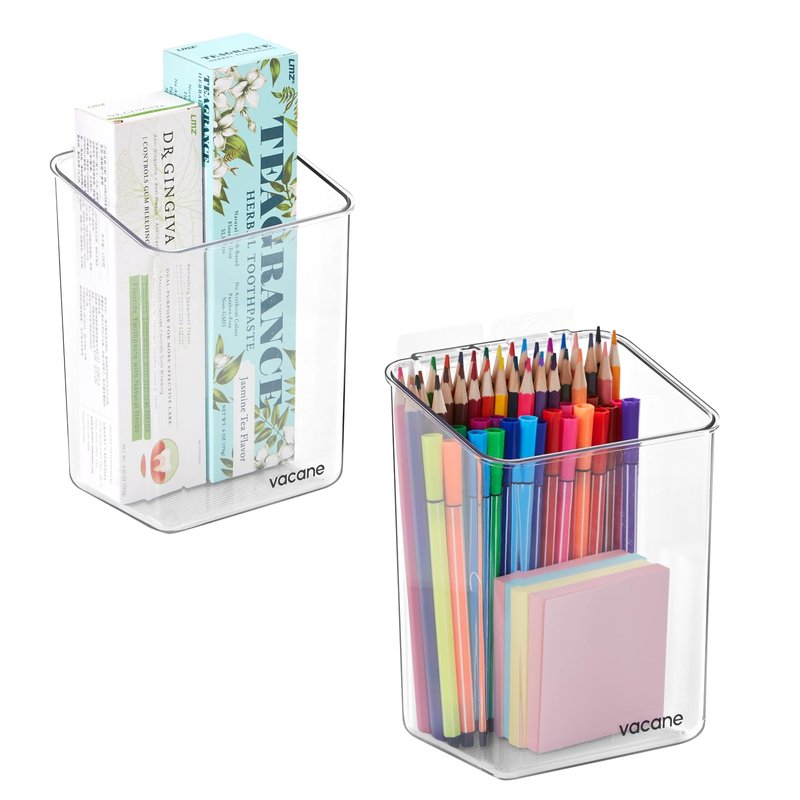 vacane 2-Pack Adhesive Cabinet Door Organizer, Transparent Plastic Storage Bins for Kitchen Bathroom Office, No Drill Hanging Basket, Space Saving Removable Holder-S