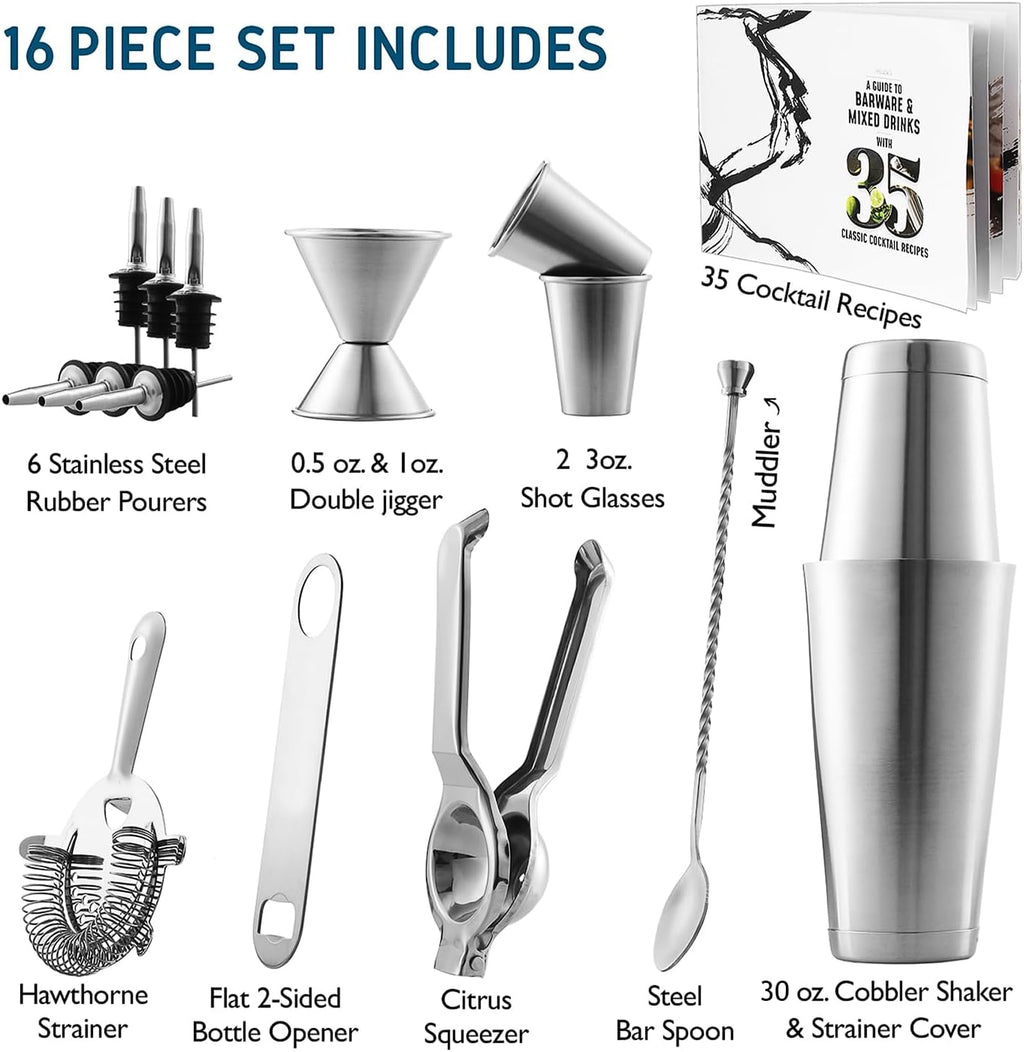 Skiennix Cocktail Shaker Set - 16-Piece Stainless Steel Mixology Kit with Bar Tools & Recipe Book | Silver