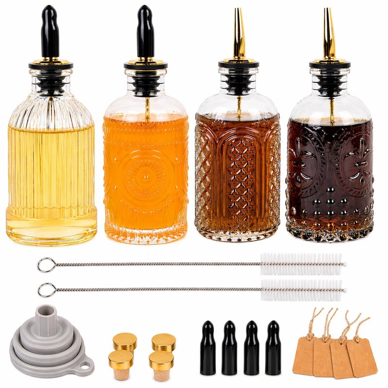 ChezMax Syrup Dispenser Bottles Set of 4, Simple Syrup Bottle for Coffee Bar Accessories, 7 oz Glass Coffee Syrup Dispenser Syrup Containers for Maple Honey Syrup Oil, with Metal Pour Spouts & Labels