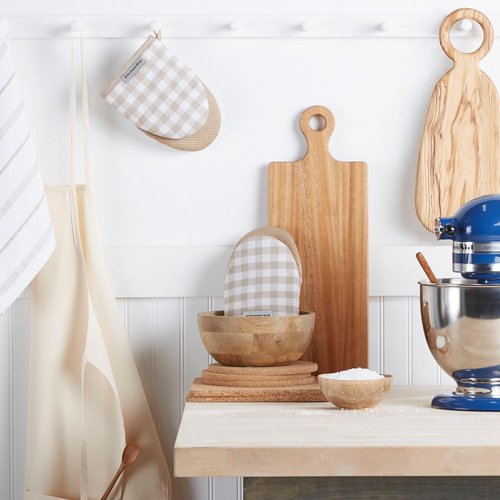 KitchenAid Mini Oven Mitts - Gingham 2-Pack Set in Milkshake Tan, 5.5"x8" for Easy Handling