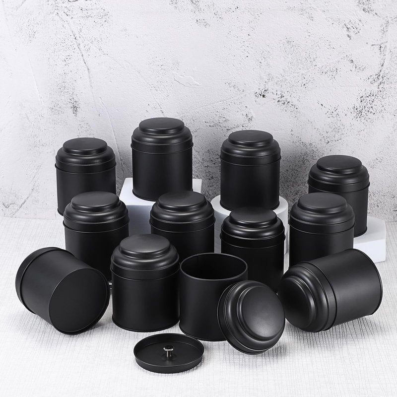 JUXYES 12 Pack Tea Tins Canister with Airtight Double Lids, 8 fl oz Loose Leaf Tea Storage Airtight Kitchen Canisters Tins Can Box for Storage Loose Tea Coffee Herbs and Spices, Black
